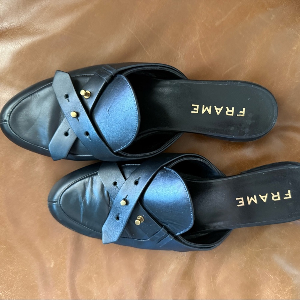 Frame Women’s Black Mules with Gold Accents